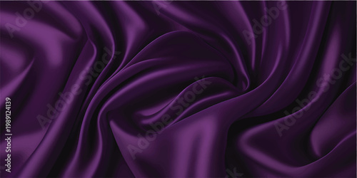 A smooth wave of shiny purple and pink silk fabric creates a luxurious satin textile background with elegant violet curves and soft drapery texture