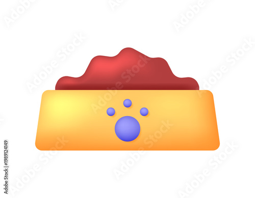 3D style illustration of a bowl of pet food. Dry or wet food, snack. Symbol, icon, element. 3D vector. White background