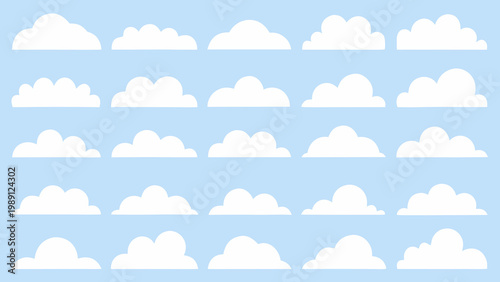 A collection of stylized white clouds arranged in neat rows against a light blue background