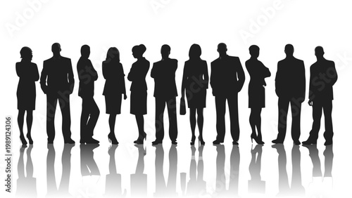 A group of silhouetted business professionals standing in a row reflected on a glossy surface