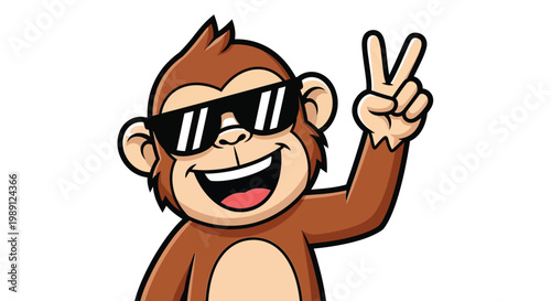 Photography Cool cartoon monkey wearing sunglasses and giving a peace sign on a white backgr