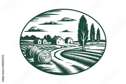 Farm landscape with village and hay bales vintage oval emblem in green.