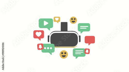 Virtual Reality Headset Surrounded by Social Media Icons.