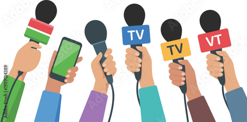 Vector illustration of media interview scene with microphones and smartphone symbolizing journalism, communication, and broadcasting