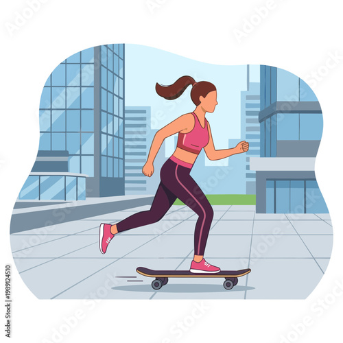 Woman riding skateboard down city sidewalk with buildings