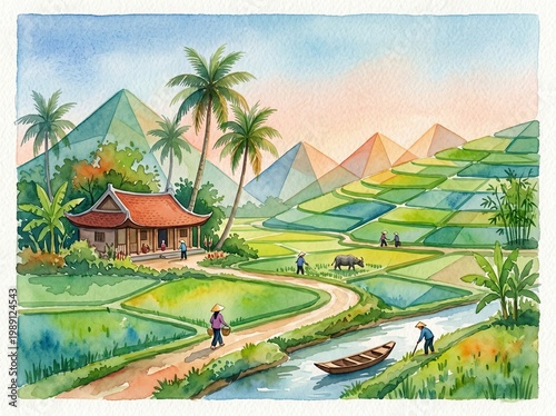 A watercolor illustration of Vietnamese countryside with a traditional house, rice fields, palm trees, soft geometric shapes, paper texture, vibrant soft colors

