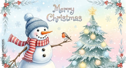 Watercolor Christmas Illustration with Snowman, Tree, and Festive Decorations.