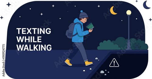 Person texting on phone while walking at night on sidewalk