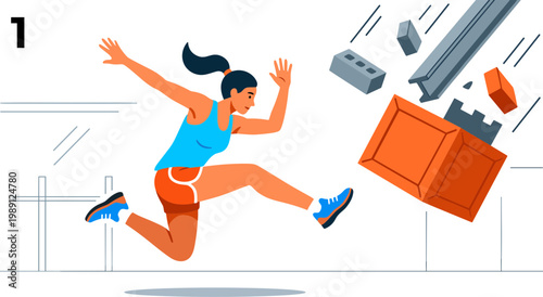 Woman runs past falling industrial equipment in a factory setting quickly.