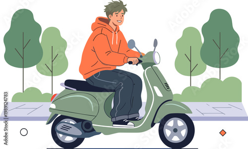 Man riding green scooter on sidewalk through trees in park