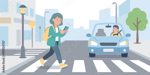 A woman walks across a city street crossing while a car stops.