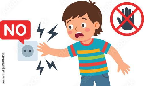 A child warns against touching an electrical outlet with a shocked expression.