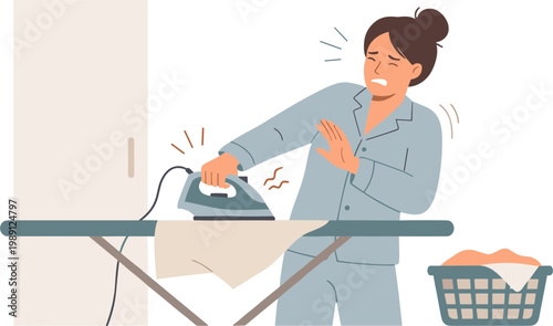 Woman burns herself while ironing clothes on an ironing board in a laundry room.
