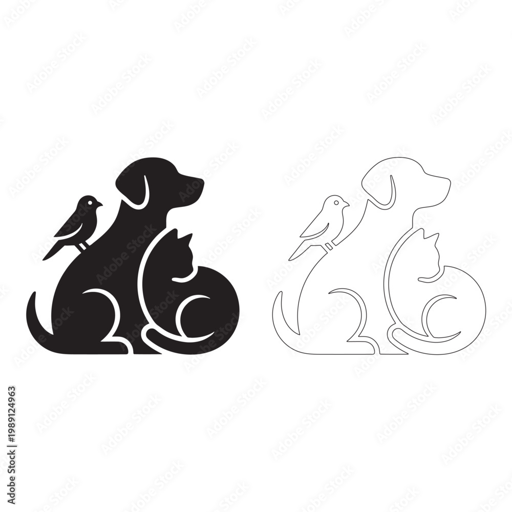 Obraz premium Silhouette and outline of dog, cat, and bird together keywords: dog, cat, bird, pet, animal