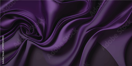 Smooth purple silk and violet satin fabric waves create a luxurious flowing textile background with soft curves and a light pink glow for a premium wallpaper design