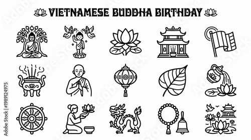 Vietnamese Buddha Birthday Icons Line Art