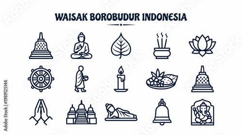 Waisak Borobudur Indonesia Icons Set