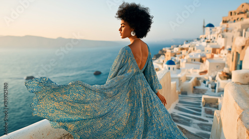 Stylish Young Black Woman Enjoying Sunset Views in Santorini, Greece