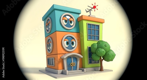 Whimsical Cartoon Buildings with Animated Eyes and a Helicopter on Top.