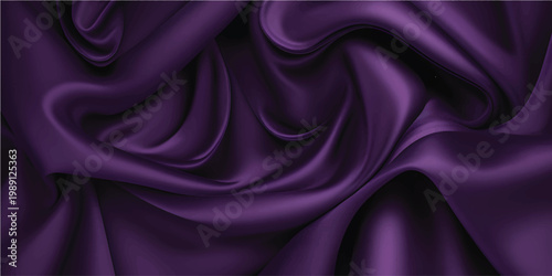 Smooth purple and violet silk fabric texture with flowing luxury satin waves creates a shiny soft material backdrop for elegant textile design