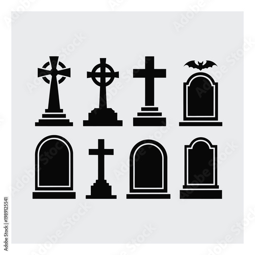 Collection of Black Silhouette Tombstones and Crosses with Bat