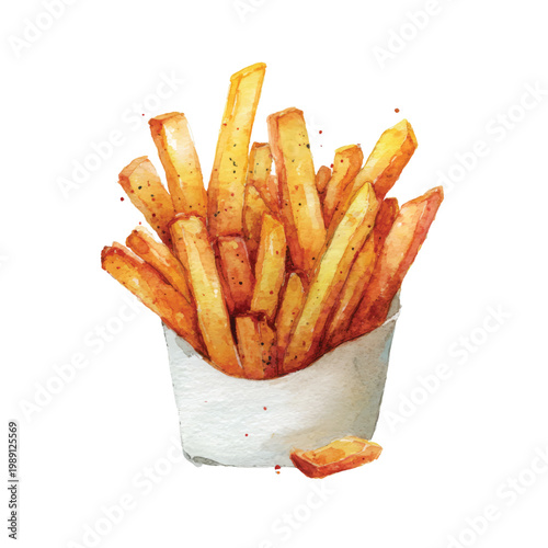 Golden French Fries in White Bucket.