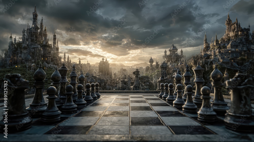 Obraz premium Majestic Chessboard Overlooking a Fantastical Cityscape Under Dramatic Skies
