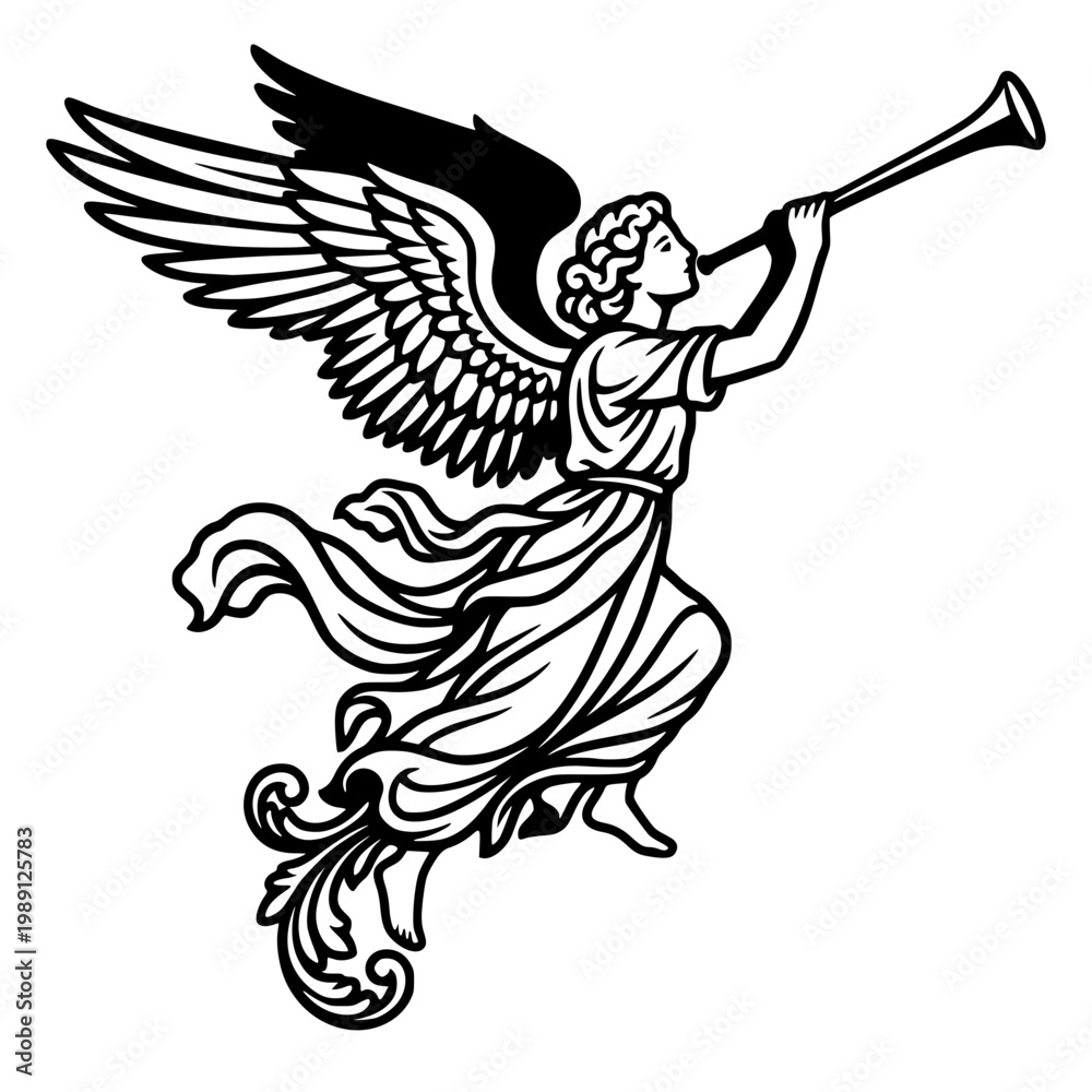 Fototapeta premium Flying angel blowing trumpe, flowing robes and detailed feathered wings, classical baroque herald announcement lineart illustration isolated on background