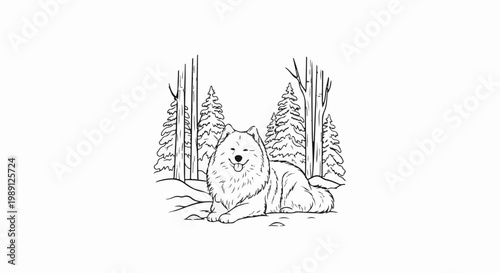 Fluffy dog rests peacefully amidst evergreen trees in a wintery scene