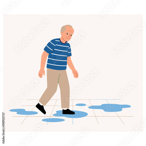 An elderly man cautiously steps on wet floor tiles with puddles around.