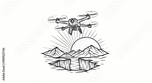 Flying drone over mountains and a cracked landscape at sunrise