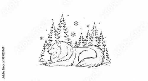 Fluffy dog rests peacefully amidst a serene winter forest scene