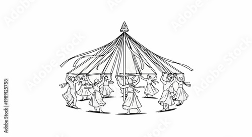 Folk dancers gather around a maypole adorned with ribbons and a pinecone topper