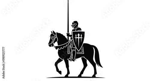 Black silhouette of a brave medieval knight riding on a strong stallion holding a long spear