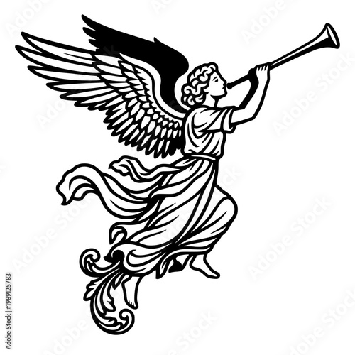 Flying angel blowing trumpe, flowing robes and detailed feathered wings, classical baroque herald announcement lineart illustration isolated on background