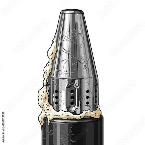 Close-up of a metallic vape pen tip with e-liquid residue