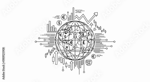 Global financial network with currency symbols and stock market charts