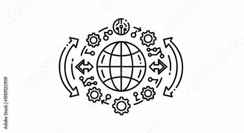 Global network of technology, circuits, gears, and arrows