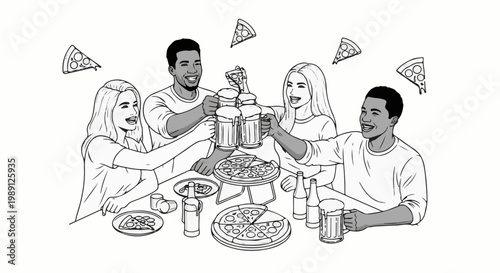 Four friends happily share pizza and raise their mugs of beer in a toast