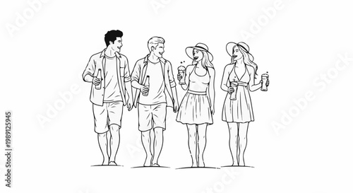 Four friends enjoying a summer outing with drinks and ice cream