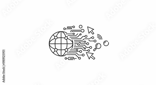 Global network with digital connections, cursors, and magnifying glass