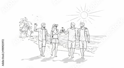Four friends walk on a sunny beach, two men hold bottles up for a toast