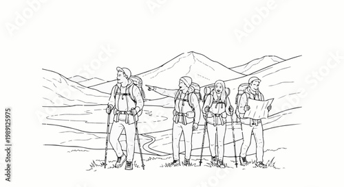Four hikers with backpacks, poles, and a map in a mountainous landscape