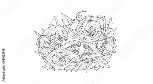 Four monstrous floral creatures entwined with thorny vines and leaves