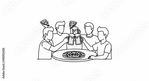 Friends toasting with beers and pizza at a table