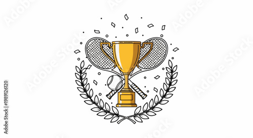 Golden tennis trophy with rackets, ball, and laurel wreath, confetti falling