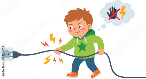 A young boy safely handles an electrical cord with caution indoors.