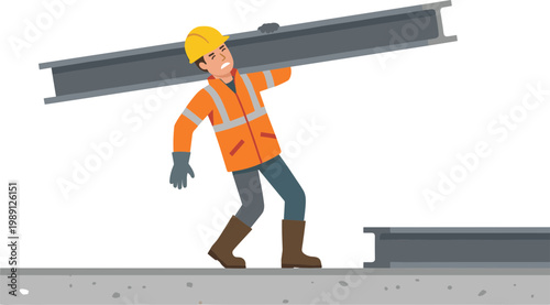 Construction worker carries heavy metal beam on a building site outdoors