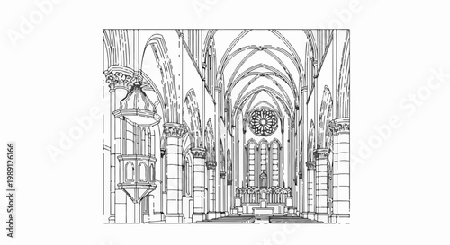 Gothic cathedral interior with arches, columns, rose window, and altar