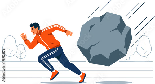 Man runs from large boulder rolling quickly down street with trees